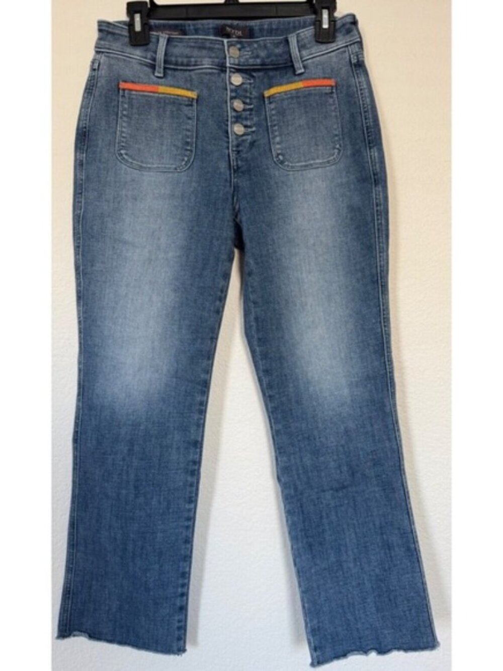 NYDJ Jeans Marilyn Straight Clean Horizon SZ 6 Ankle Raw Hem Multi Color Pockets